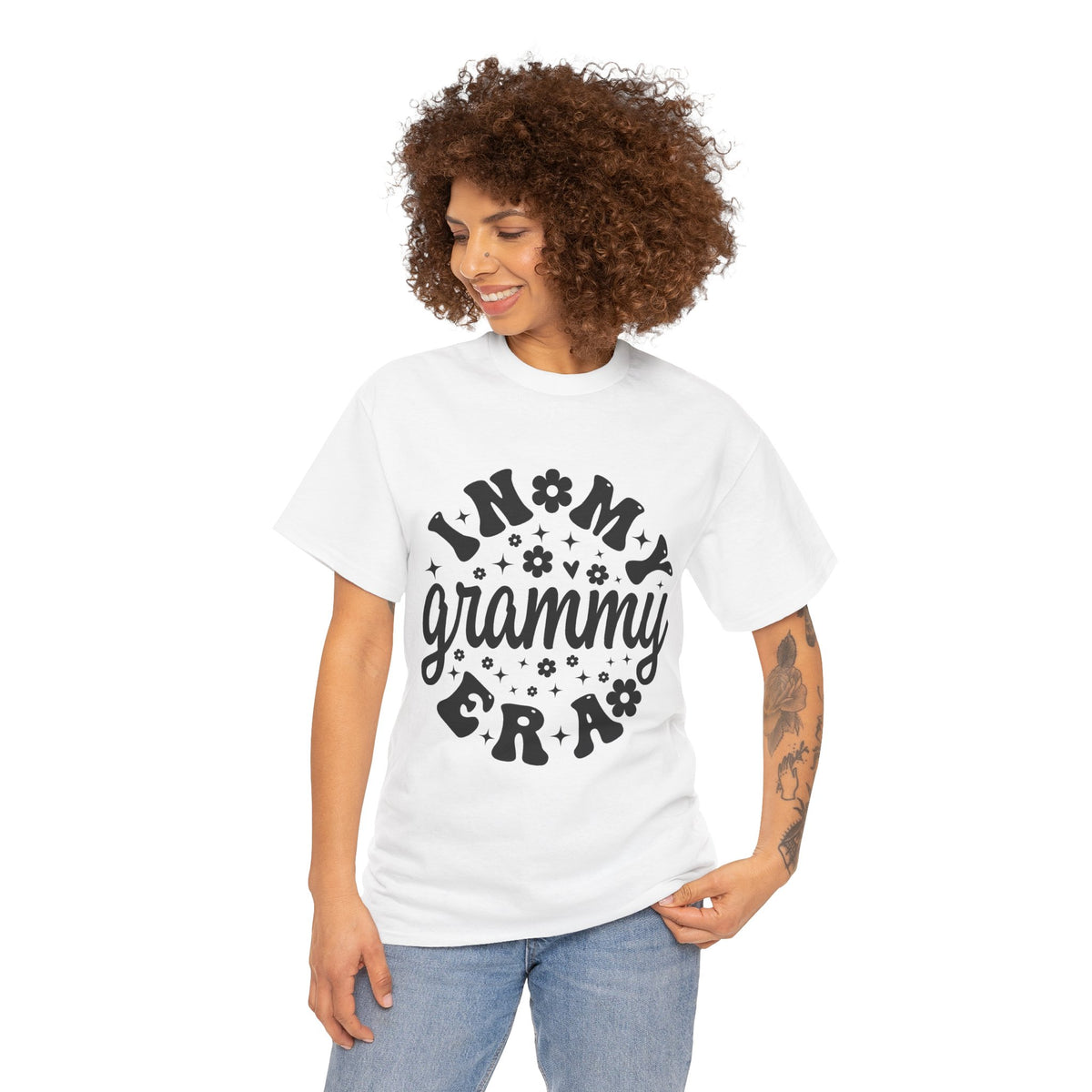 Woman wearing the In My Grammy Era retro daisy t-shirt, front view