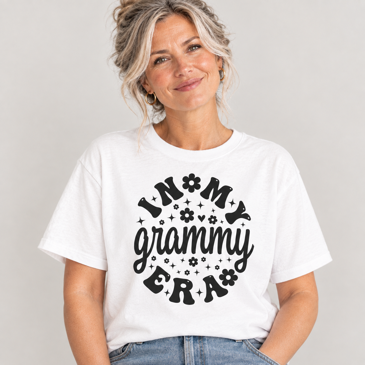 Woman wearing the In My Grammy Era retro daisy t-shirt