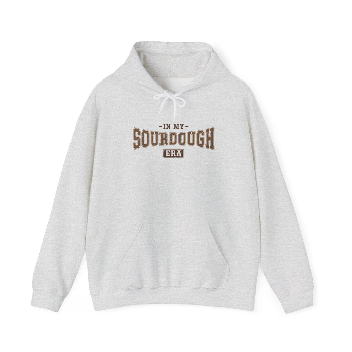 Ash In My Sourdough Era hoodie with brown varsity lettering, front view