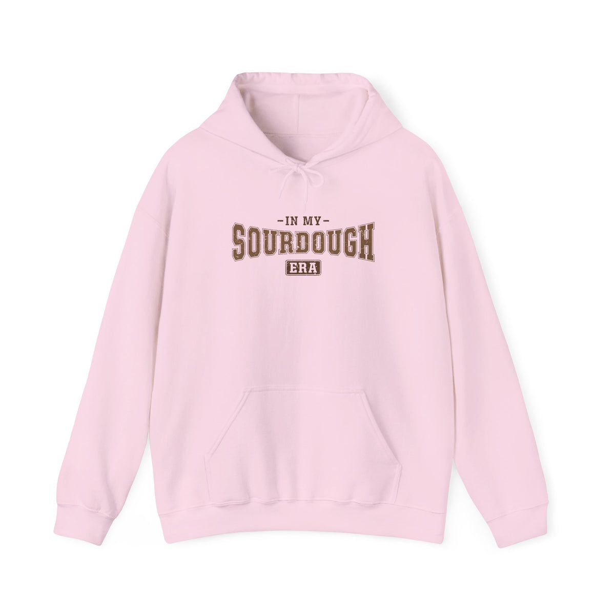 Light Pink In My Sourdough Era hoodie with brown varsity lettering, front view