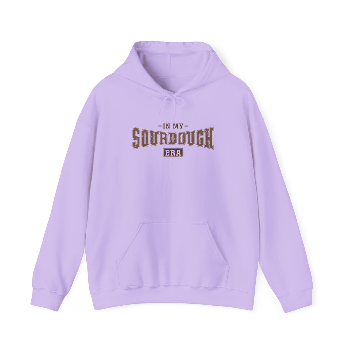 Orchid In My Sourdough Era hoodie with brown varsity lettering, front view