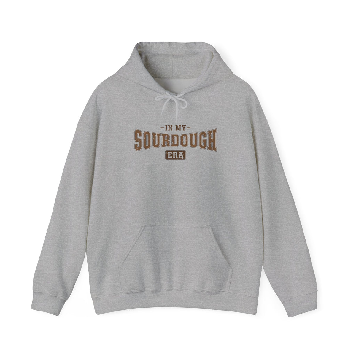 Sport Grey In My Sourdough Era hoodie with brown varsity lettering, front view