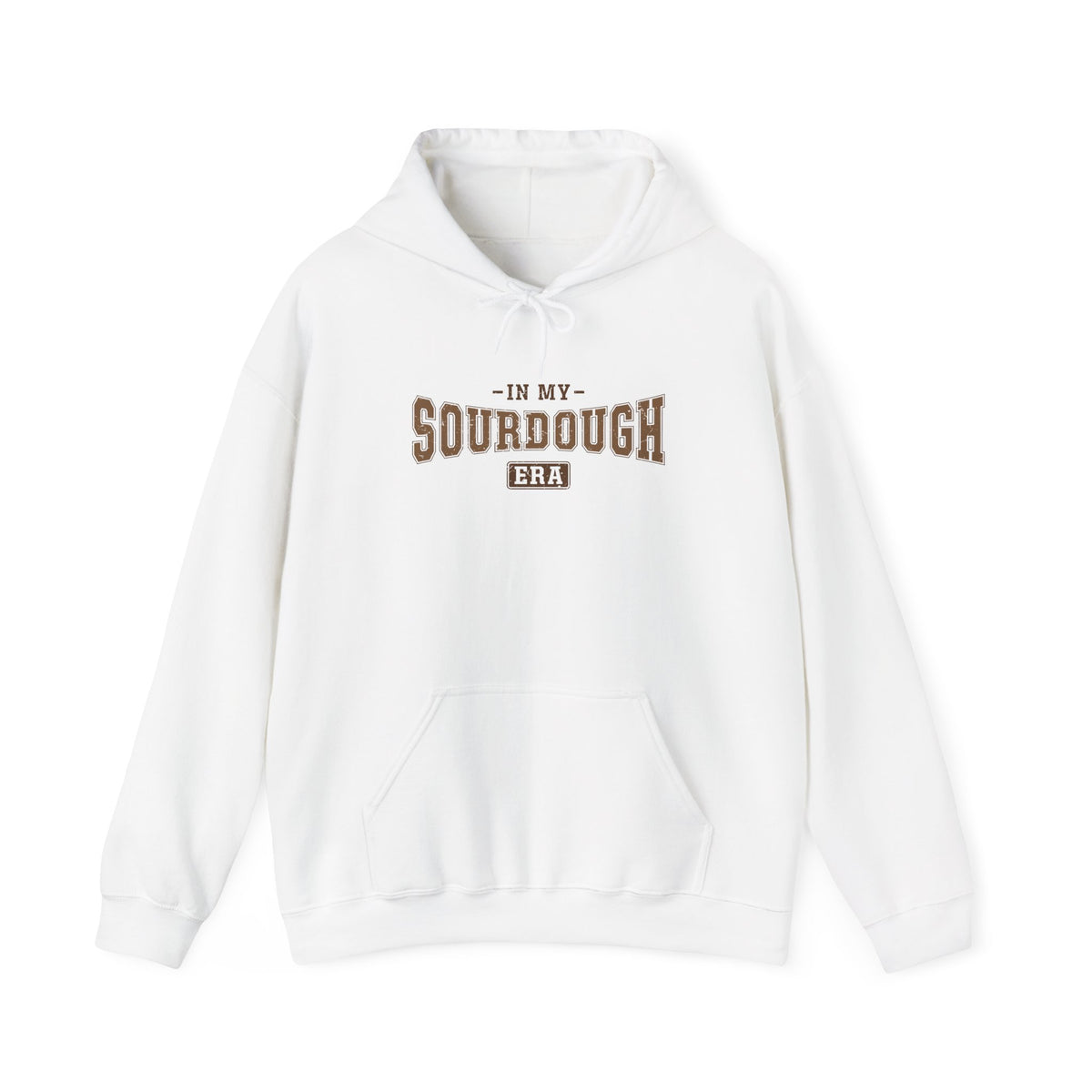 White In My Sourdough Era hoodie with brown varsity lettering, front view