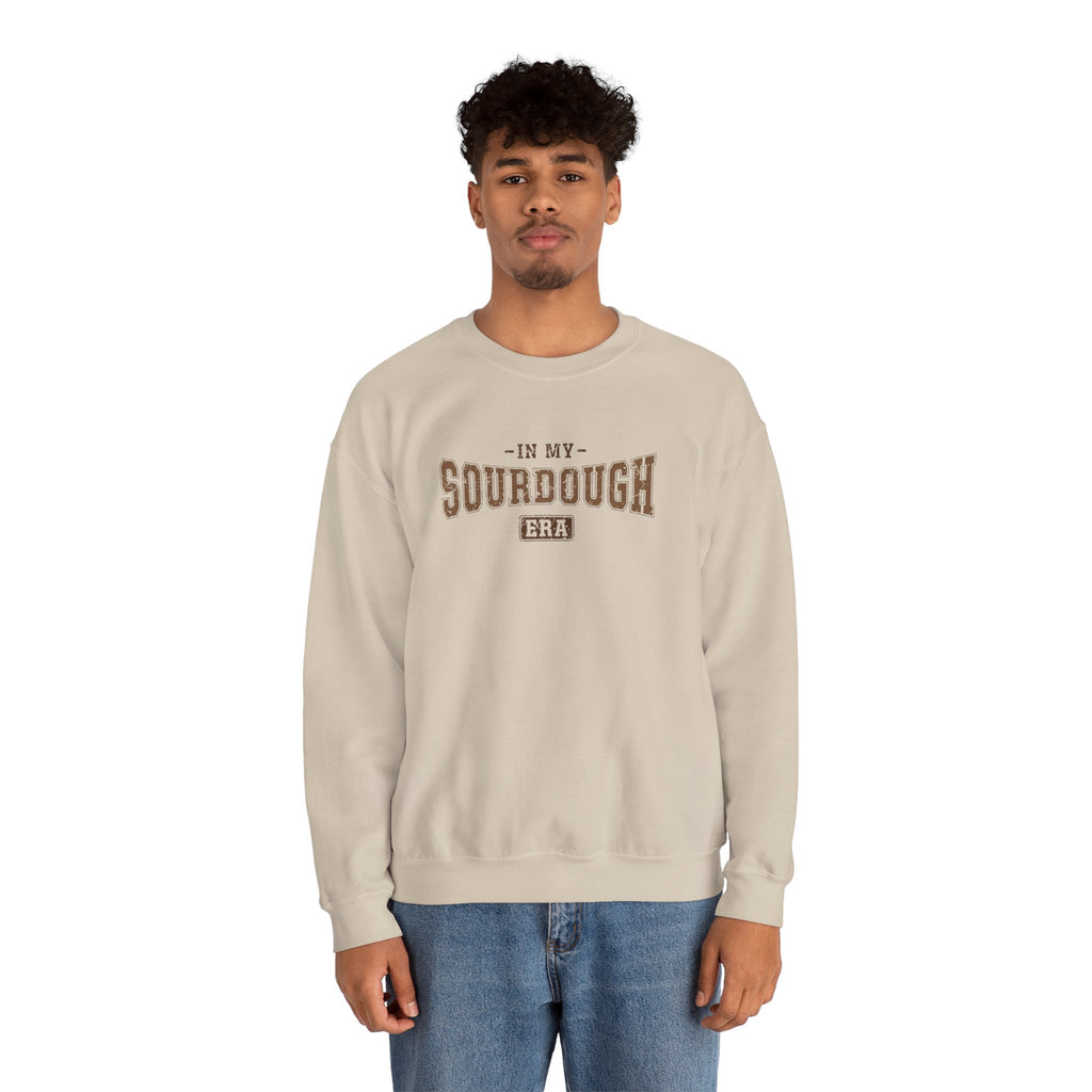 Man wearing the sand In My Sourdough Era Sweatshirt