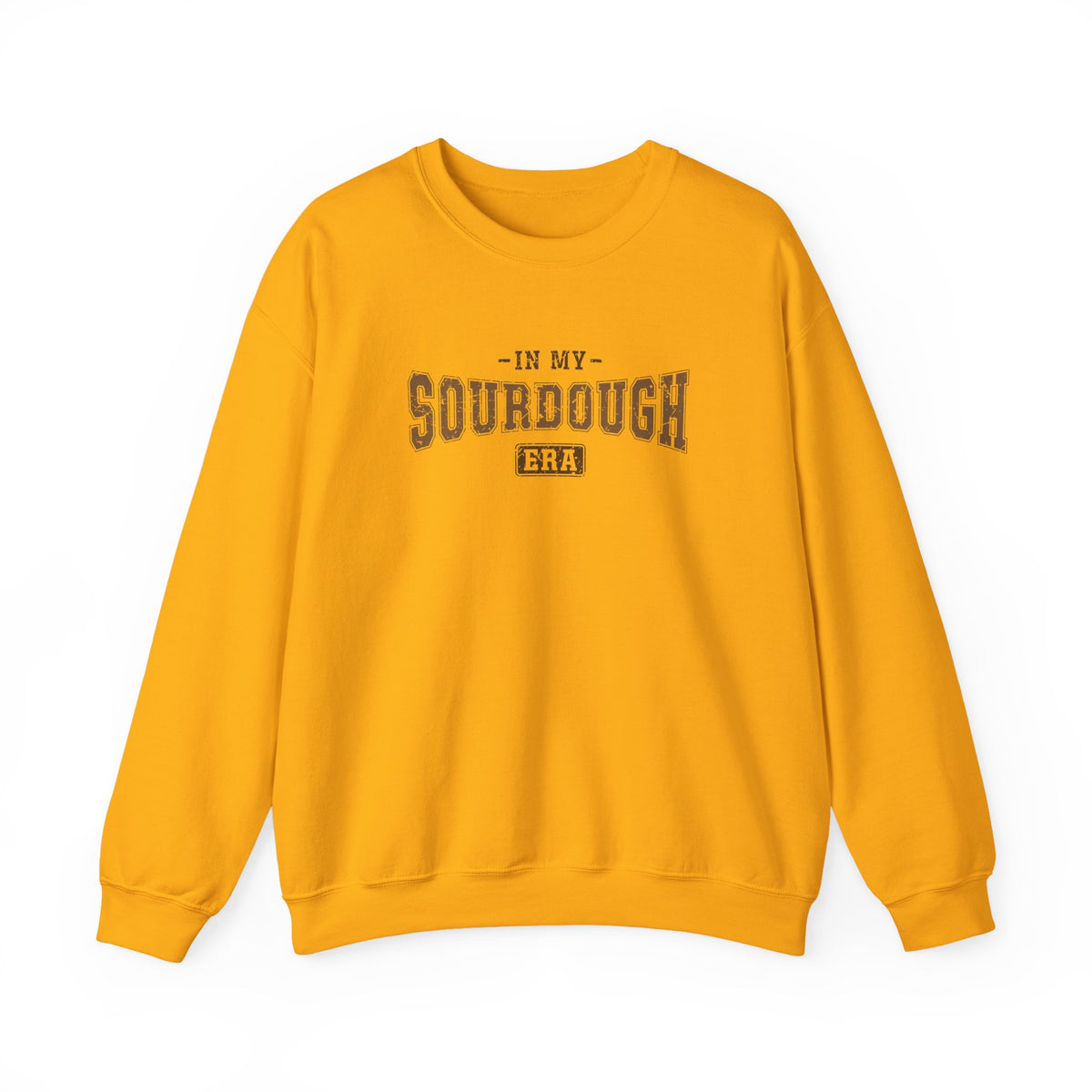 Gold In My Sourdough Era sweatshirt with brown varsity lettering, front view