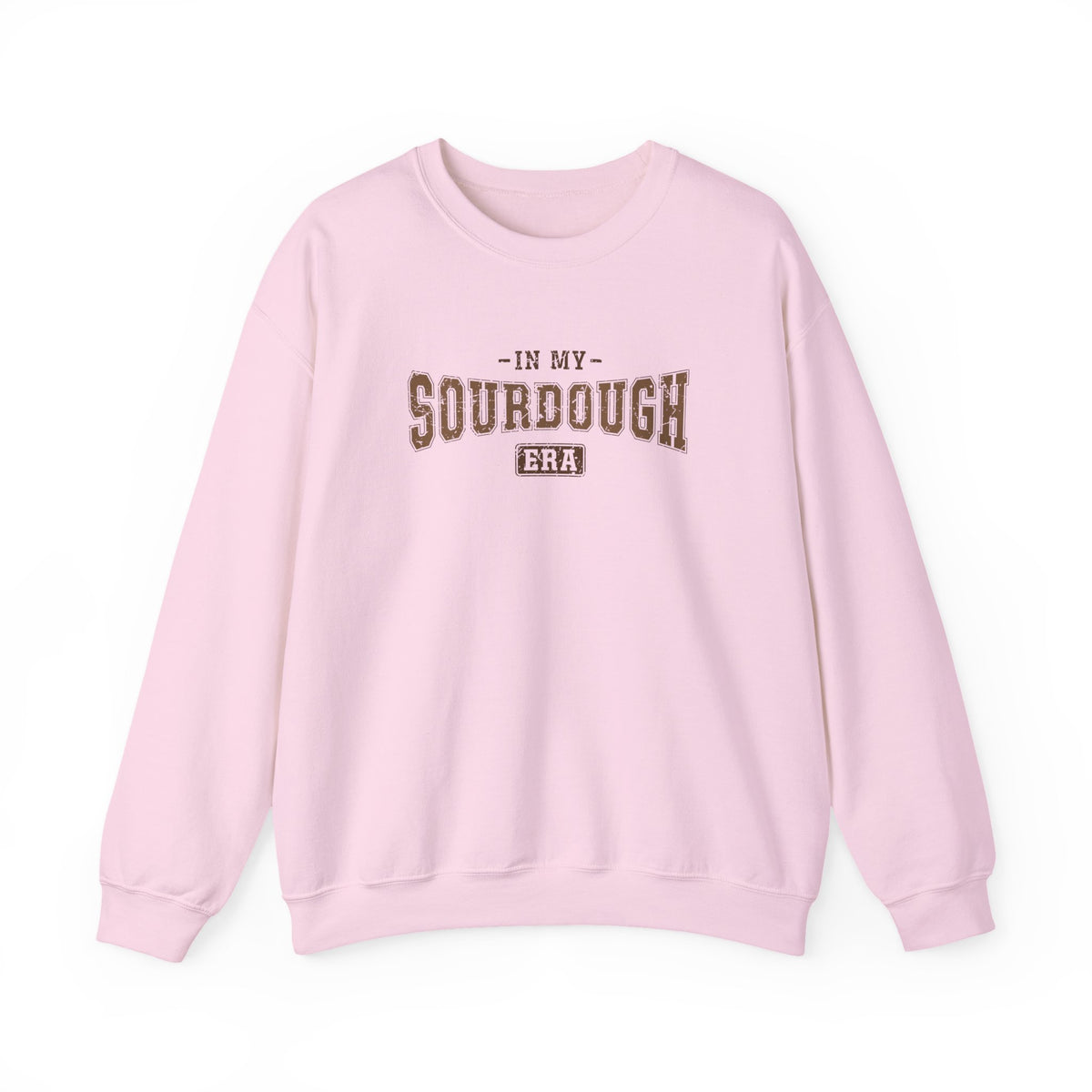 Light Pink In My Sourdough Era sweatshirt with brown varsity lettering, front view