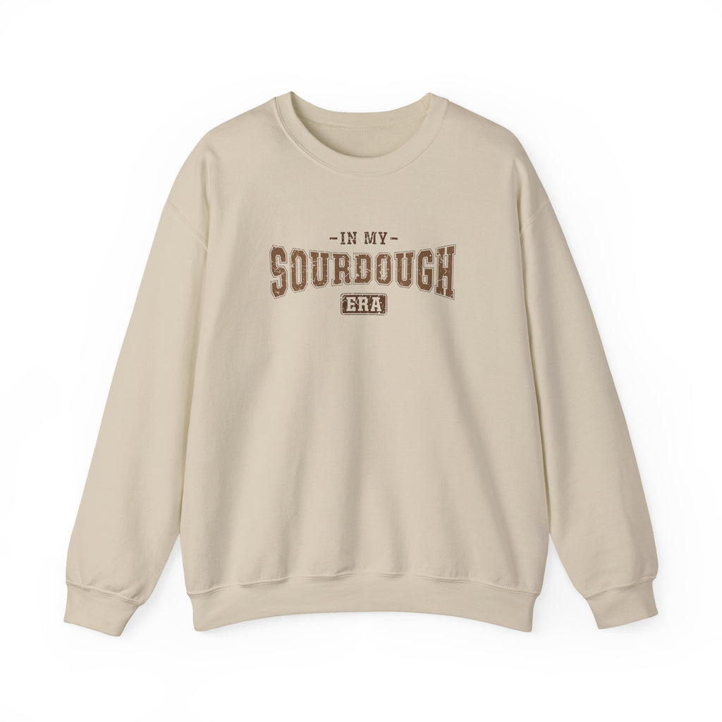 Sand In My Sourdough Era sweatshirt with brown varsity lettering, front view