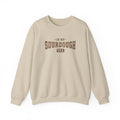 Sand In My Sourdough Era sweatshirt with brown varsity lettering, front view