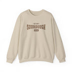 Sand In My Sourdough Era sweatshirt with brown varsity lettering, front view