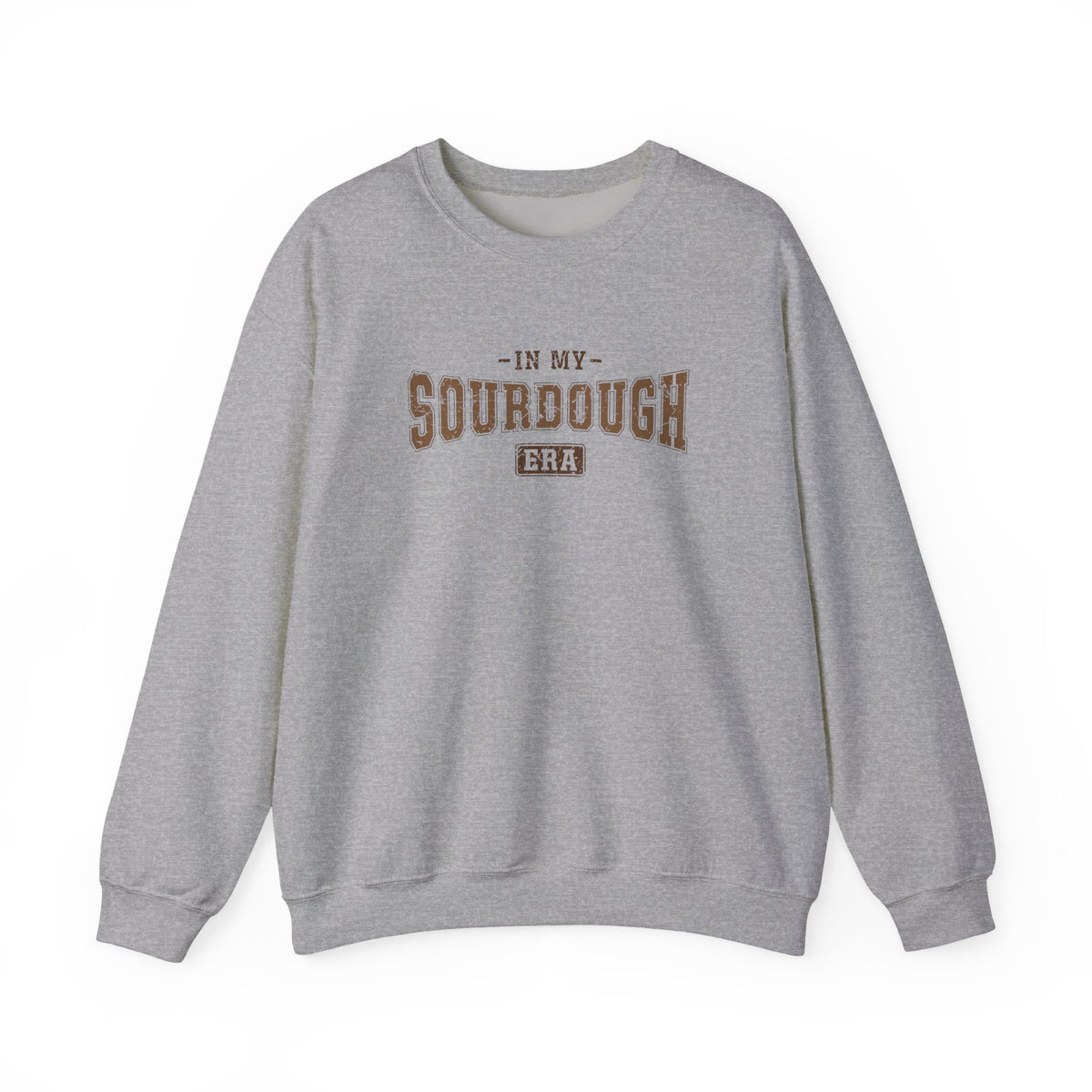 Sport Grey In My Sourdough Era sweatshirt with brown varsity lettering, front view