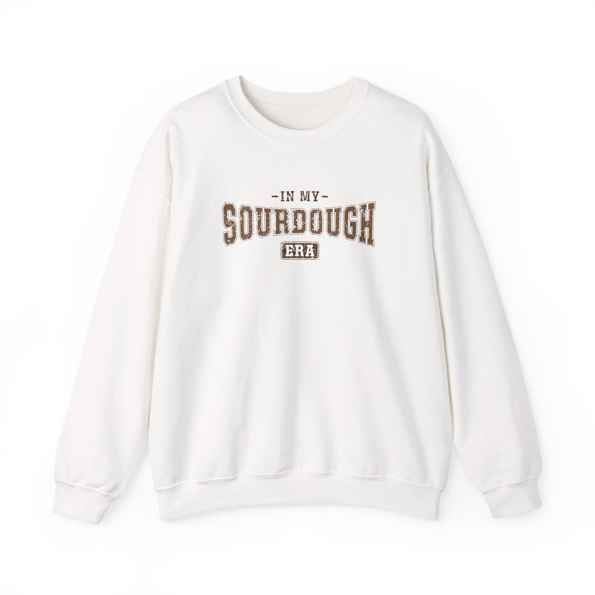 White In My Sourdough Era sweatshirt with brown varsity lettering, front view