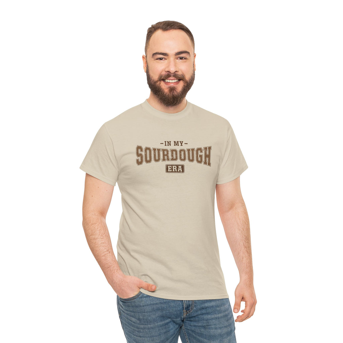 Man wearing the sand In My Sourdough Era T-Shirt