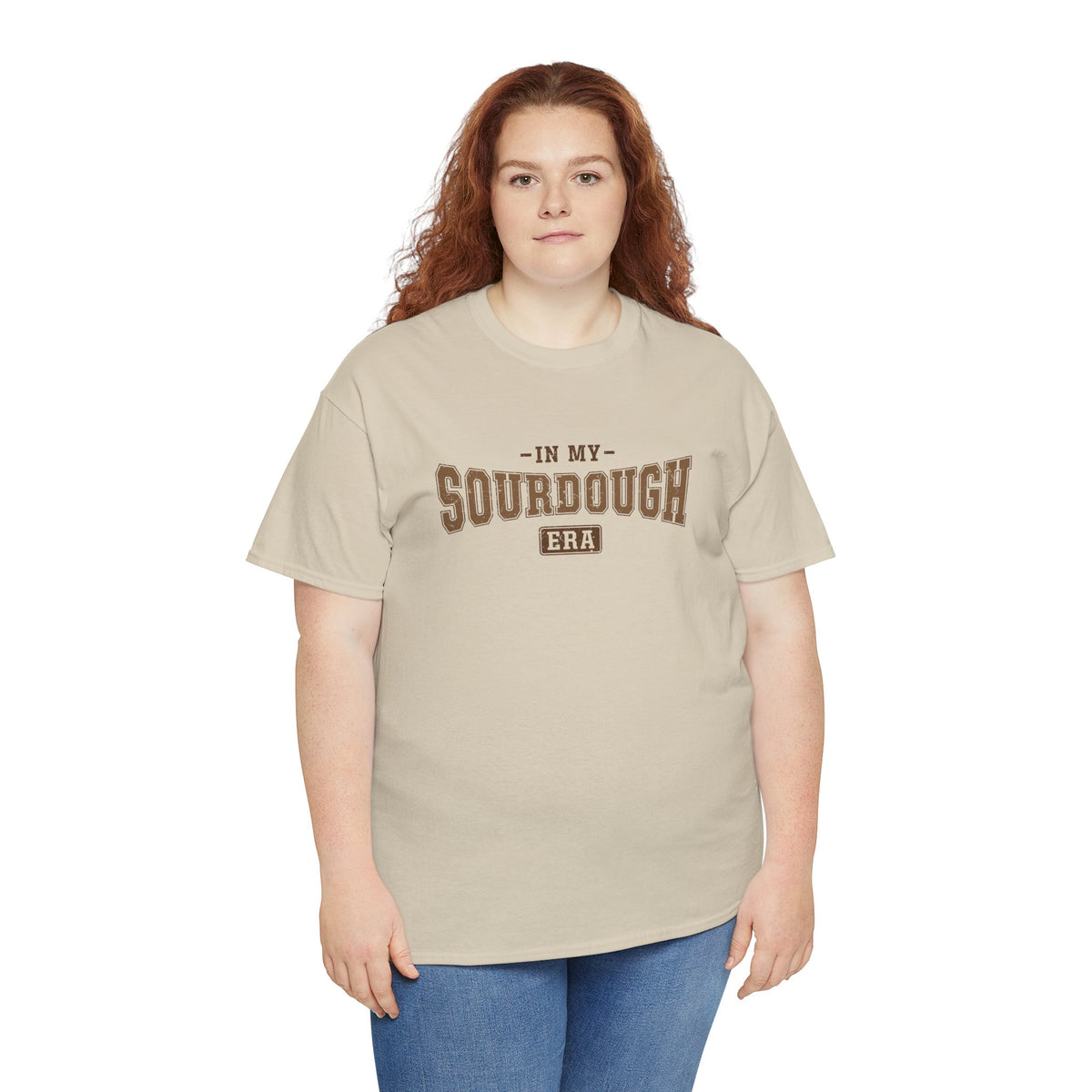 Woman wearing the sand In My Sourdough Era T-Shirt