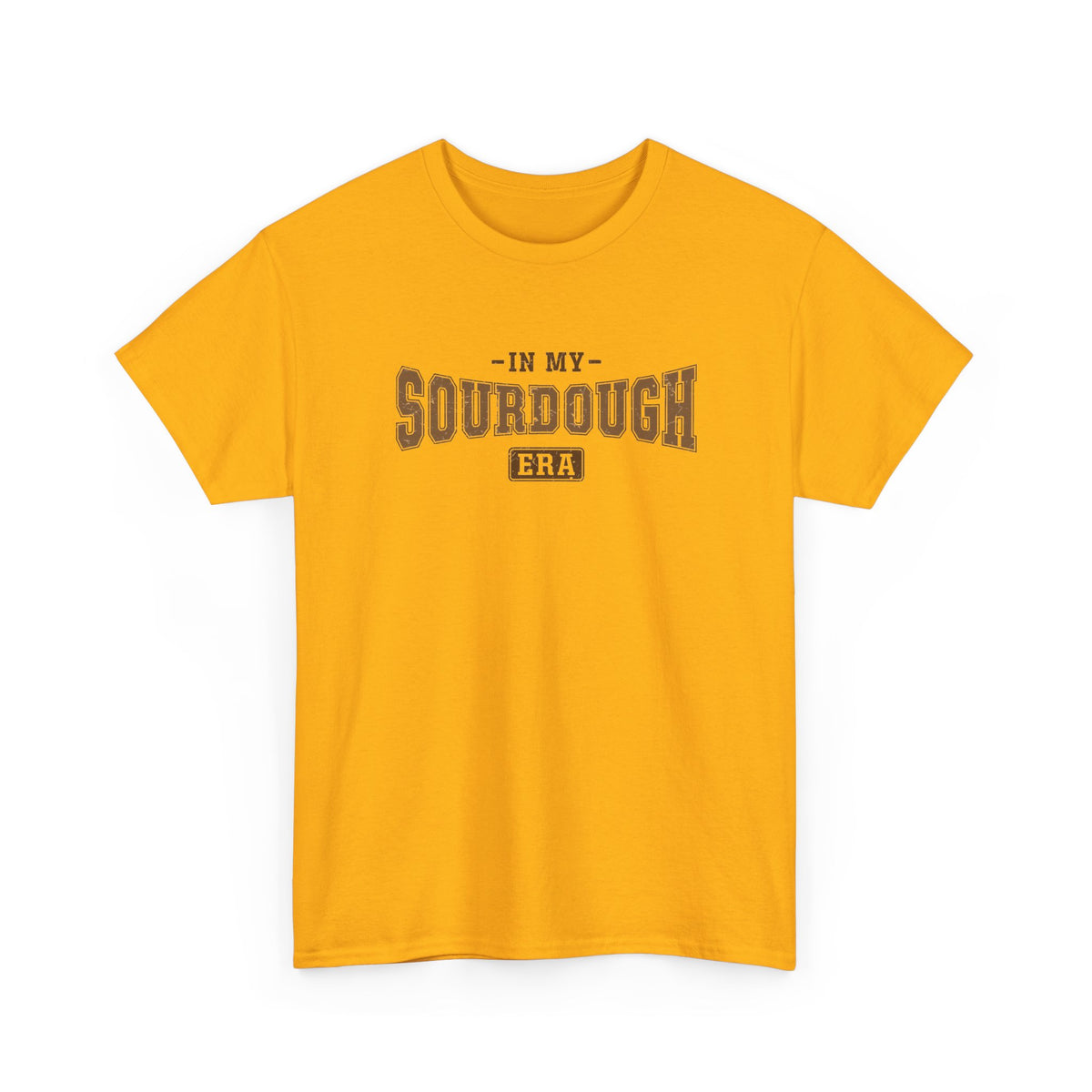 Gold In My Sourdough Era t-shirt with brown varsity lettering, front view