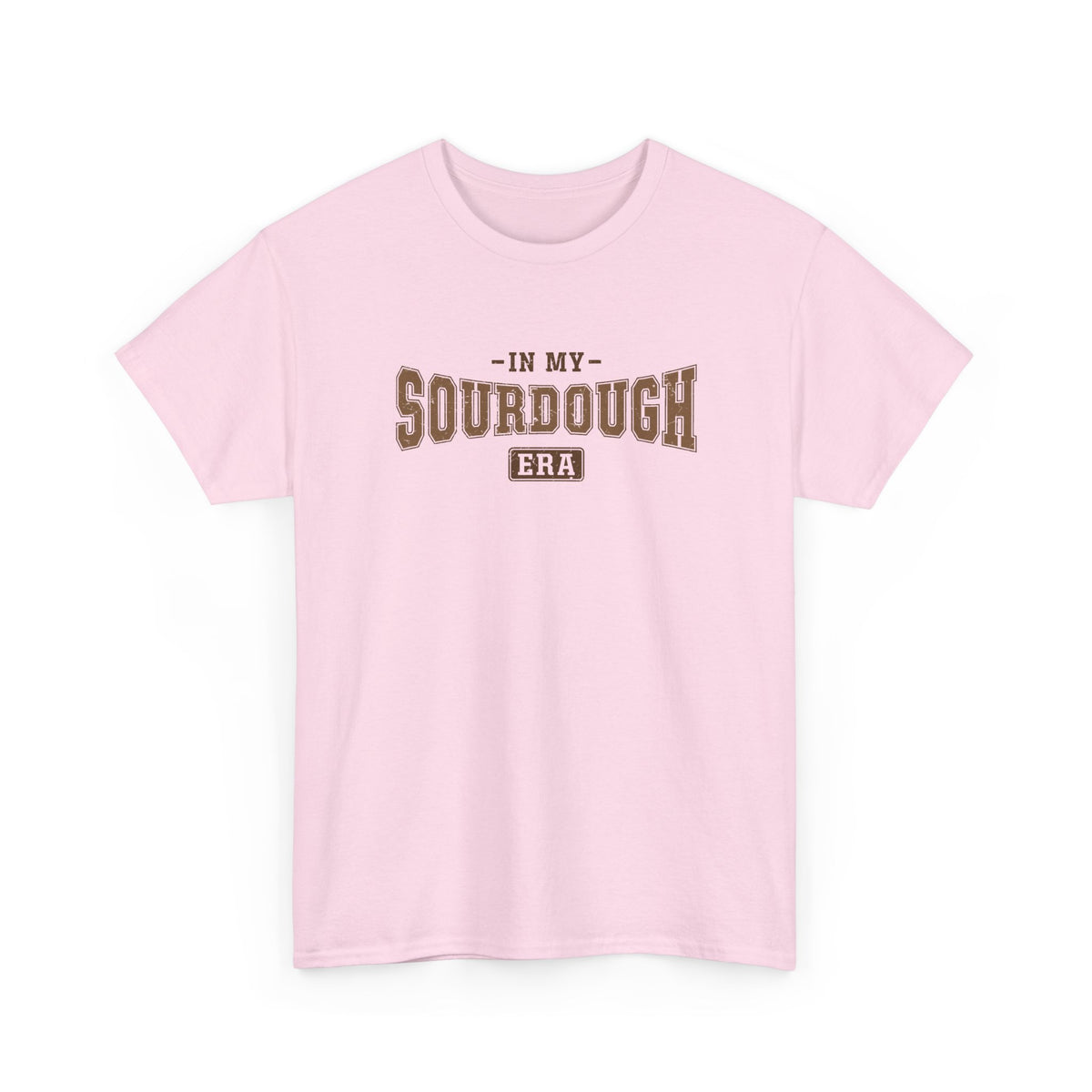 Light Pink In My Sourdough Era t-shirt with brown varsity lettering, front view