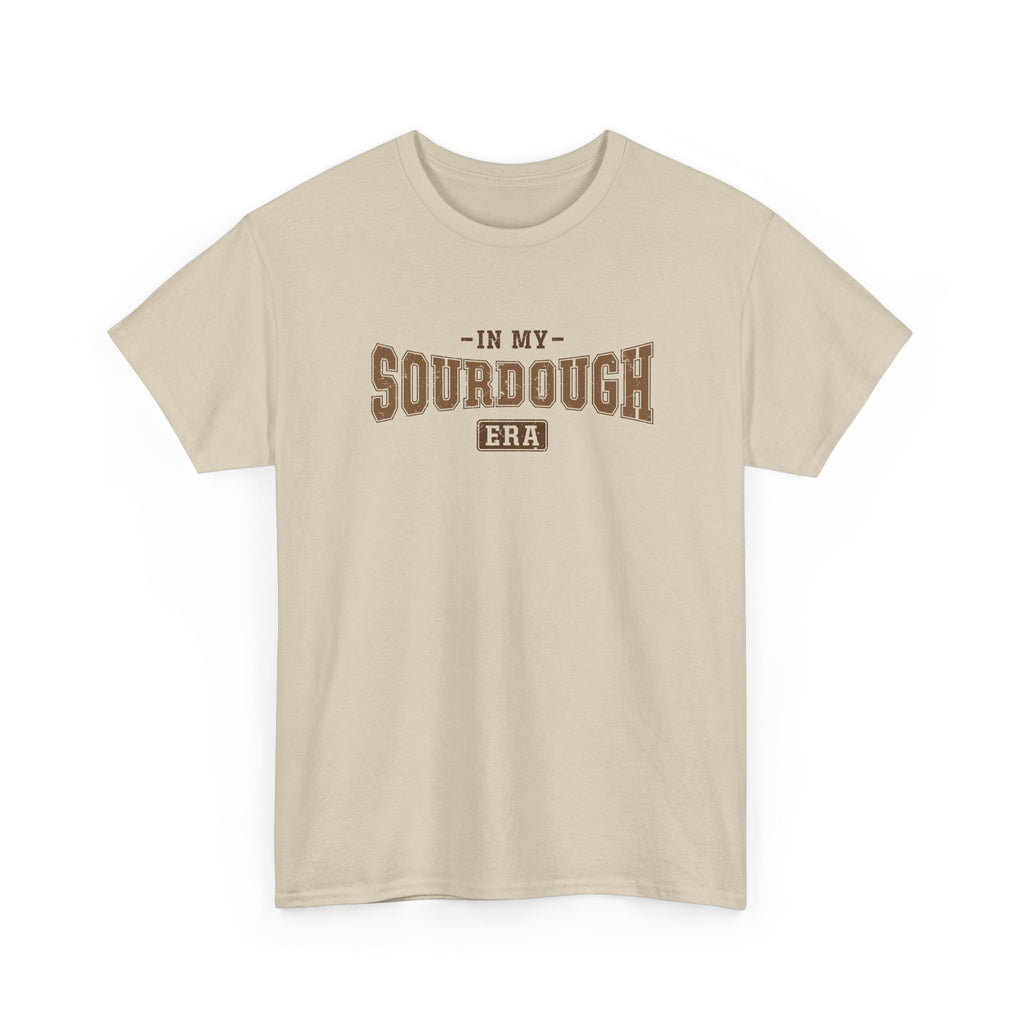 Sand In My Sourdough Era t-shirt with brown varsity lettering, front view