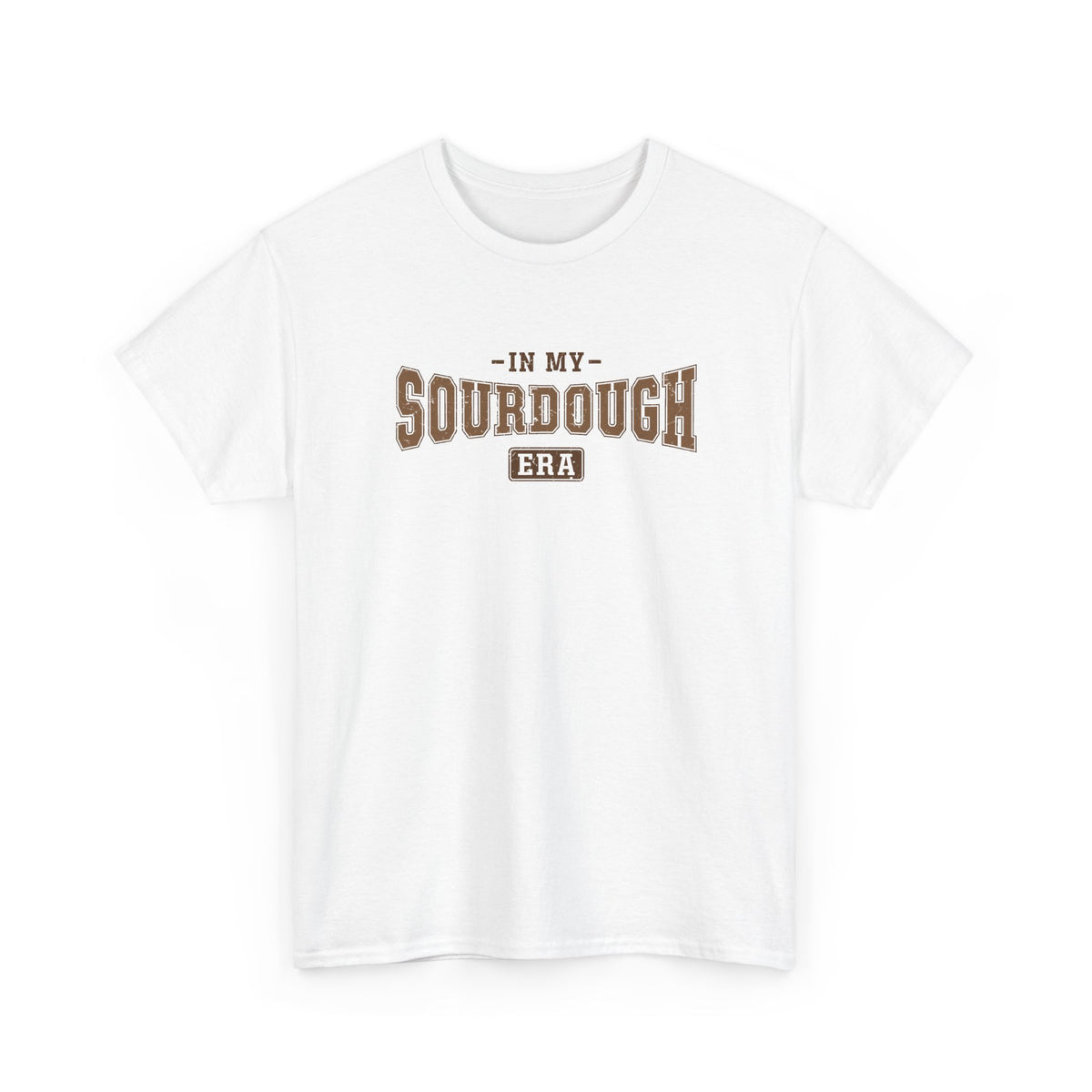 White In My Sourdough Era t-shirt with brown varsity lettering, front view