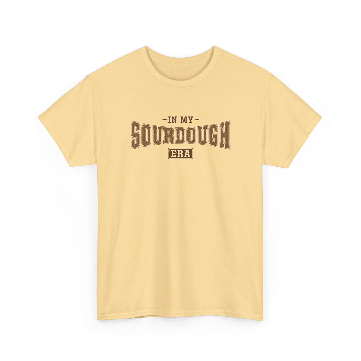 Yellow Haze In My Sourdough Era t-shirt with brown varsity lettering, front view
