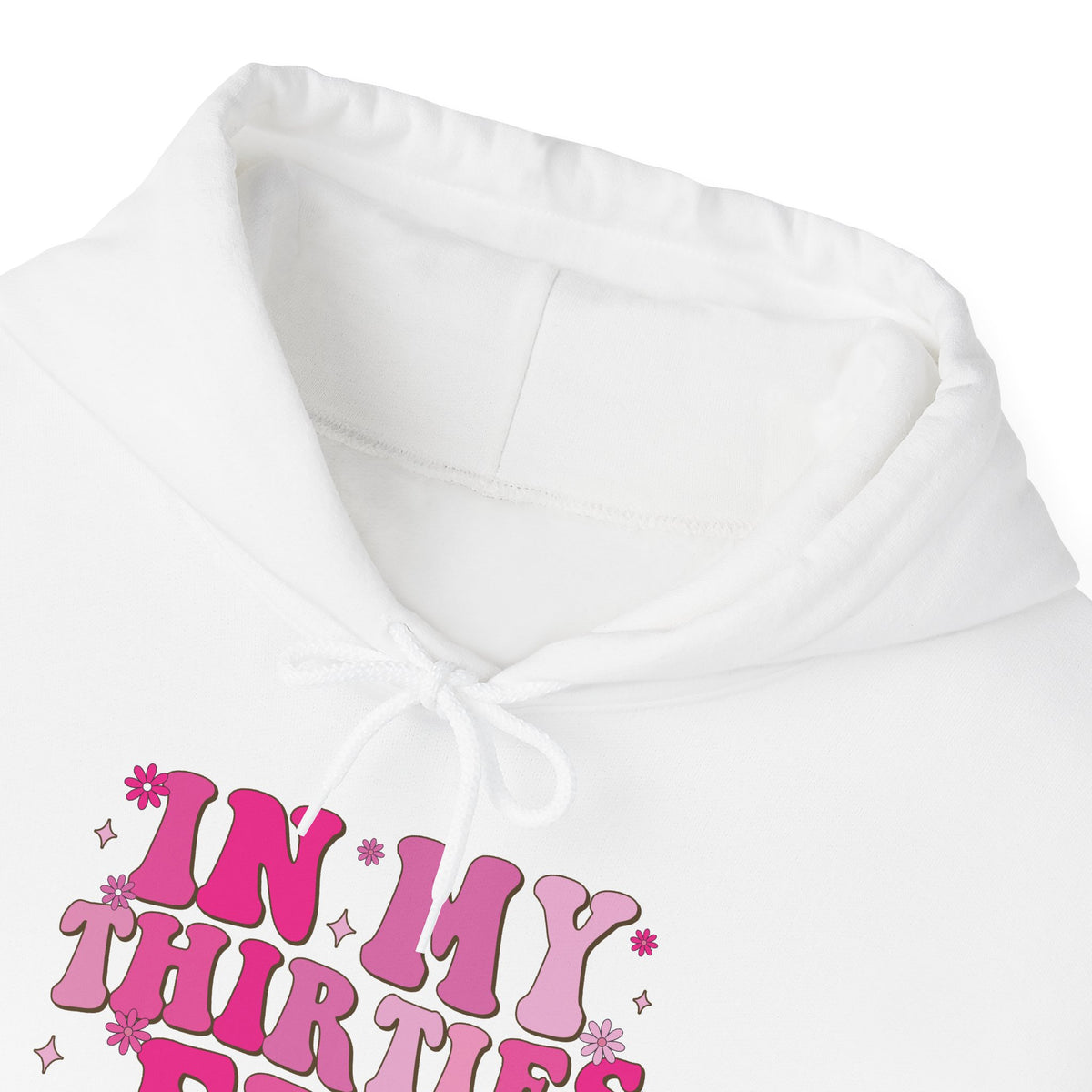 In My Thirties Era retro hoodie, hood and print detail