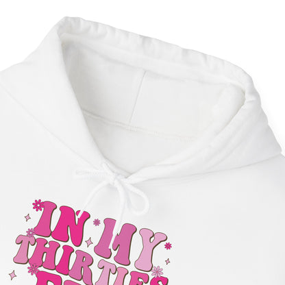 In My Thirties Era retro hoodie, hood and print detail