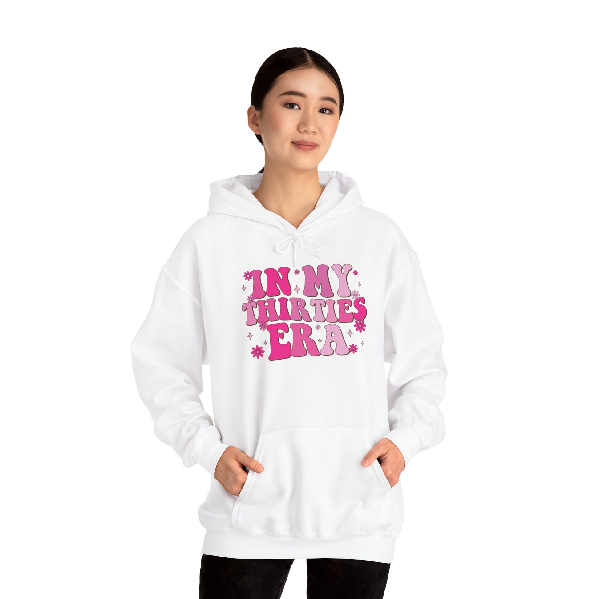 Man wearing the In My Thirties Era retro hoodie