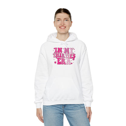 Woman wearing the In My Thirties Era retro hoodie