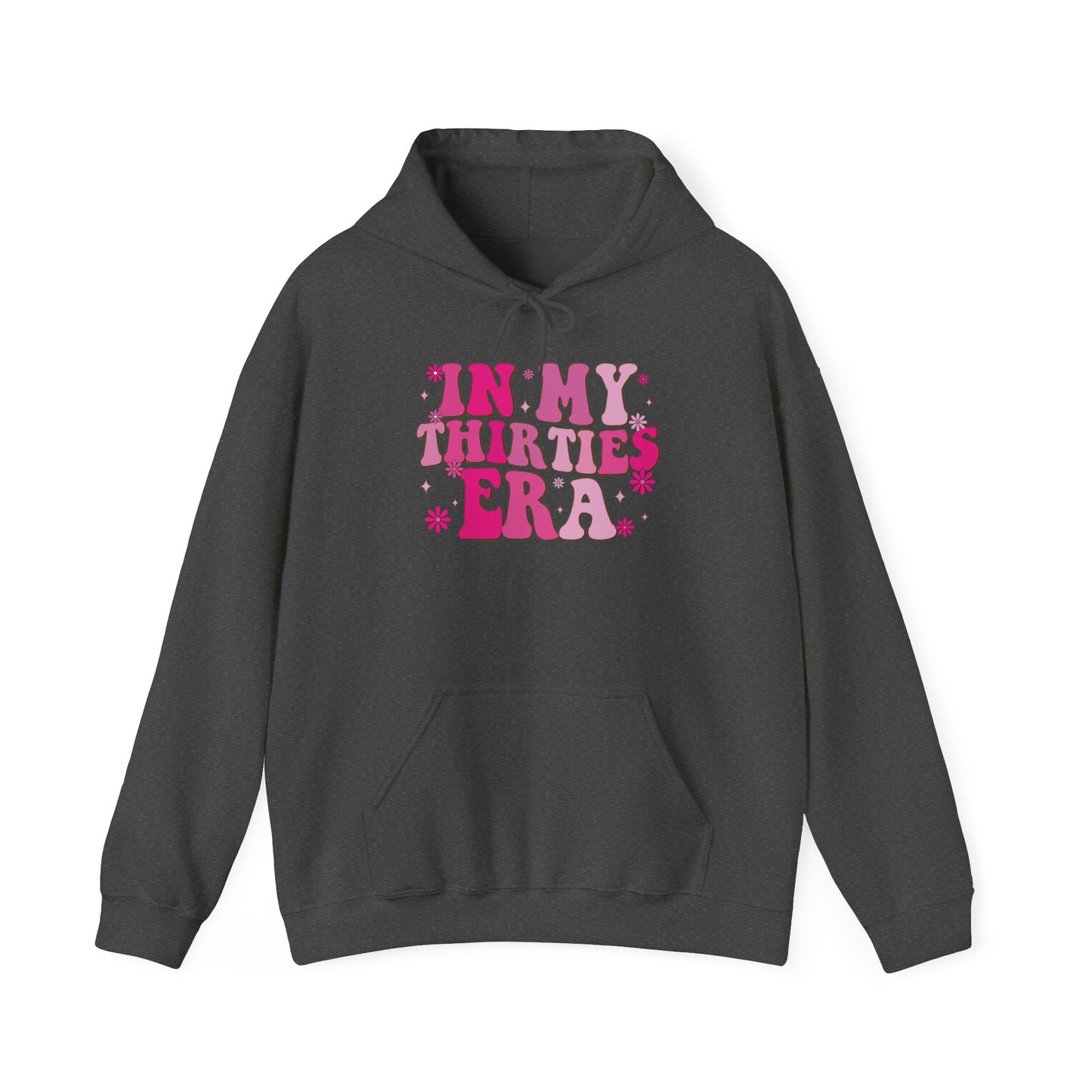 Dark Heather In My Thirties Era retro hoodie, front view