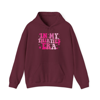 Maroon In My Thirties Era retro hoodie, front view