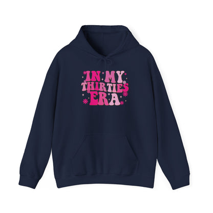 Navy In My Thirties Era retro hoodie, front view
