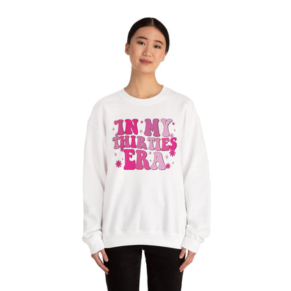 Woman wearing the In My Thirties Era retro sweatshirt, front view