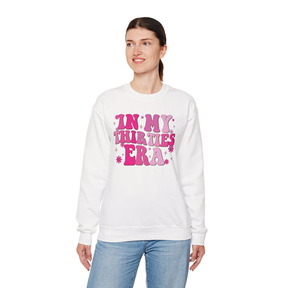 Woman wearing the In My Thirties Era retro sweatshirt, side view