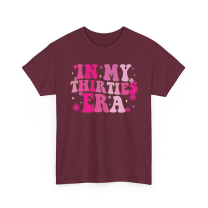 Maroon In My Thirties Era retro t-shirt, front view