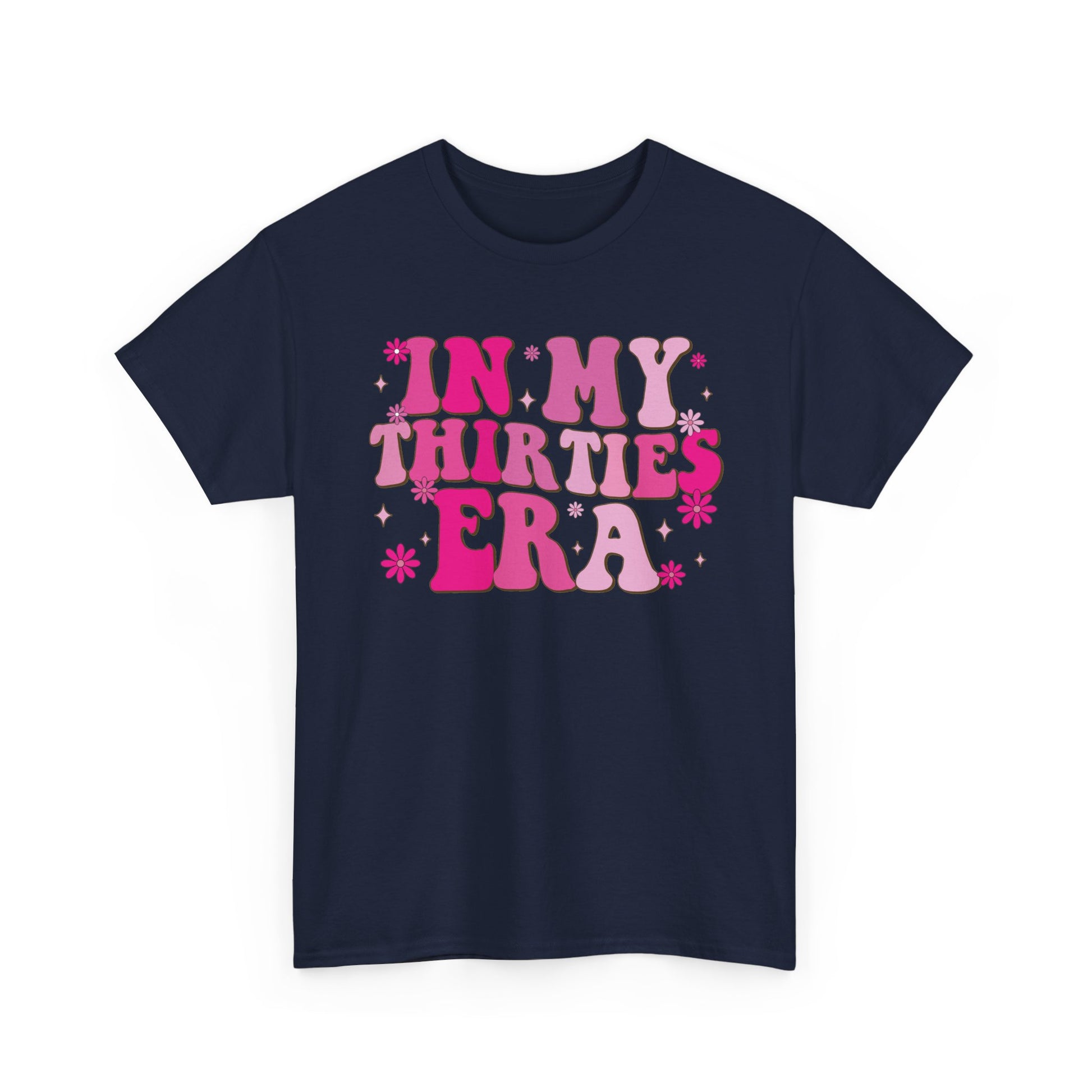 Navy In My Thirties Era retro t-shirt, front view