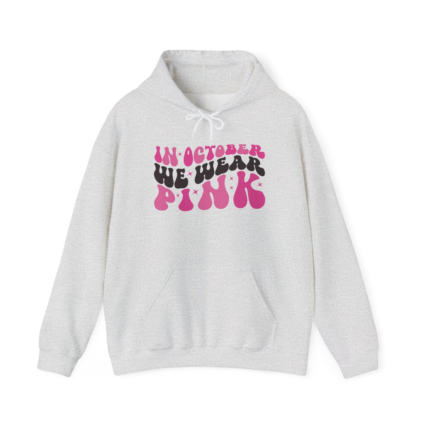Ash grey In October We Wear Pink retro hoodie with groovy lettering