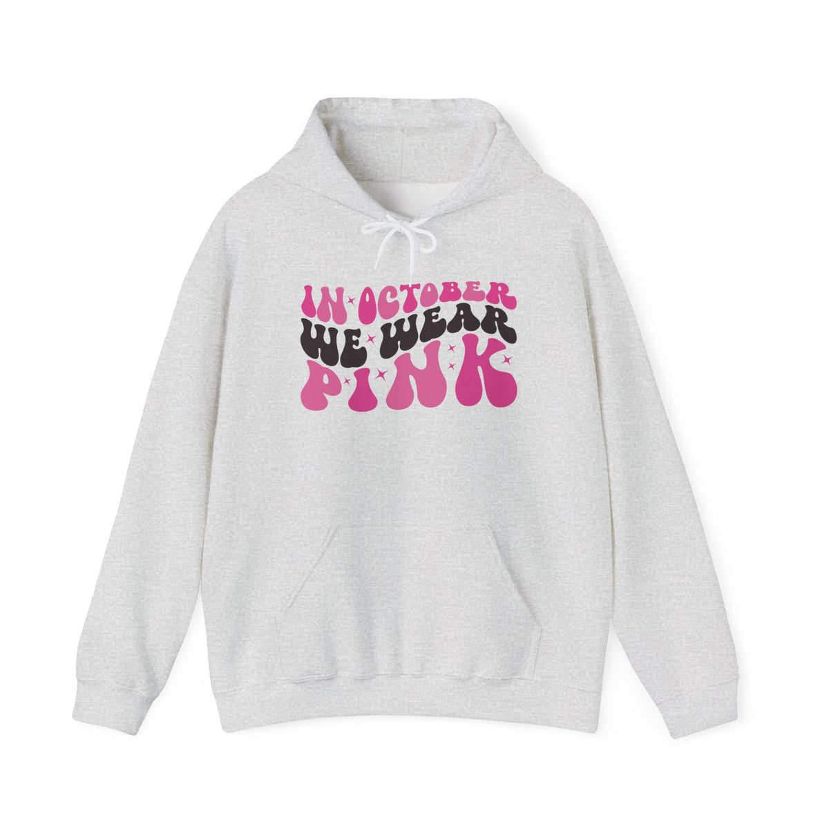 Ash grey In October We Wear Pink retro hoodie with groovy lettering