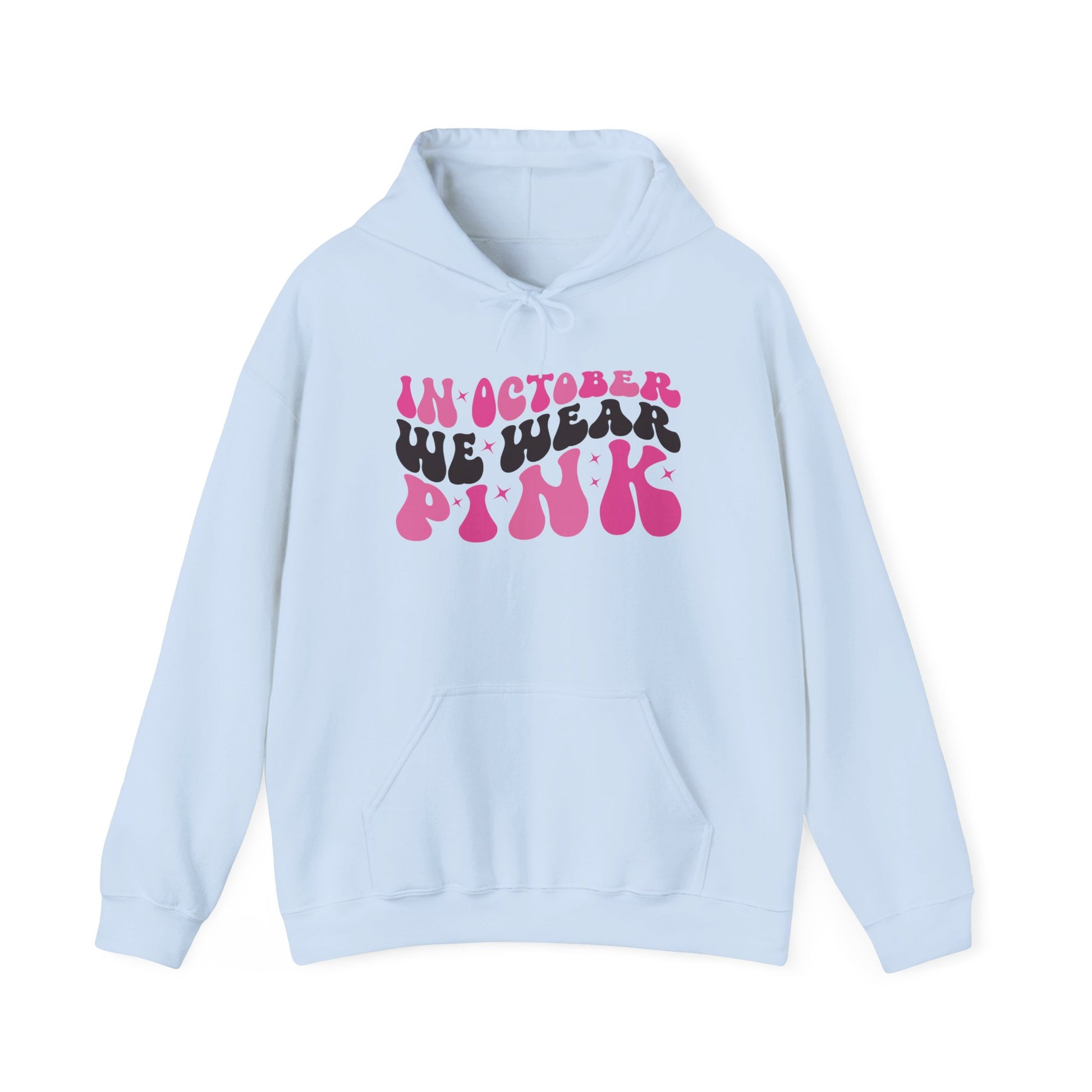 Light blue In October We Wear Pink retro hoodie with groovy lettering