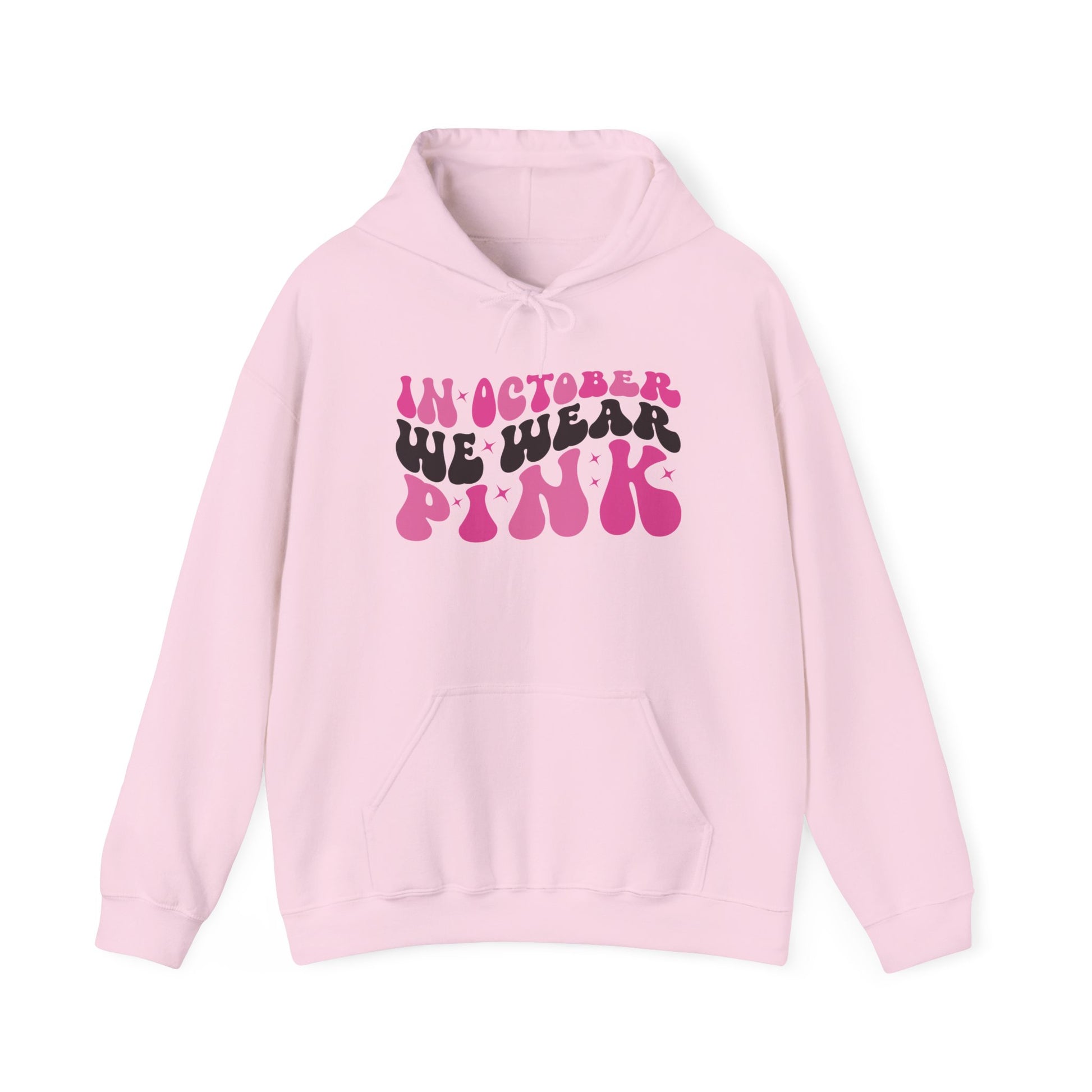Light pink In October We Wear Pink retro hoodie with groovy lettering