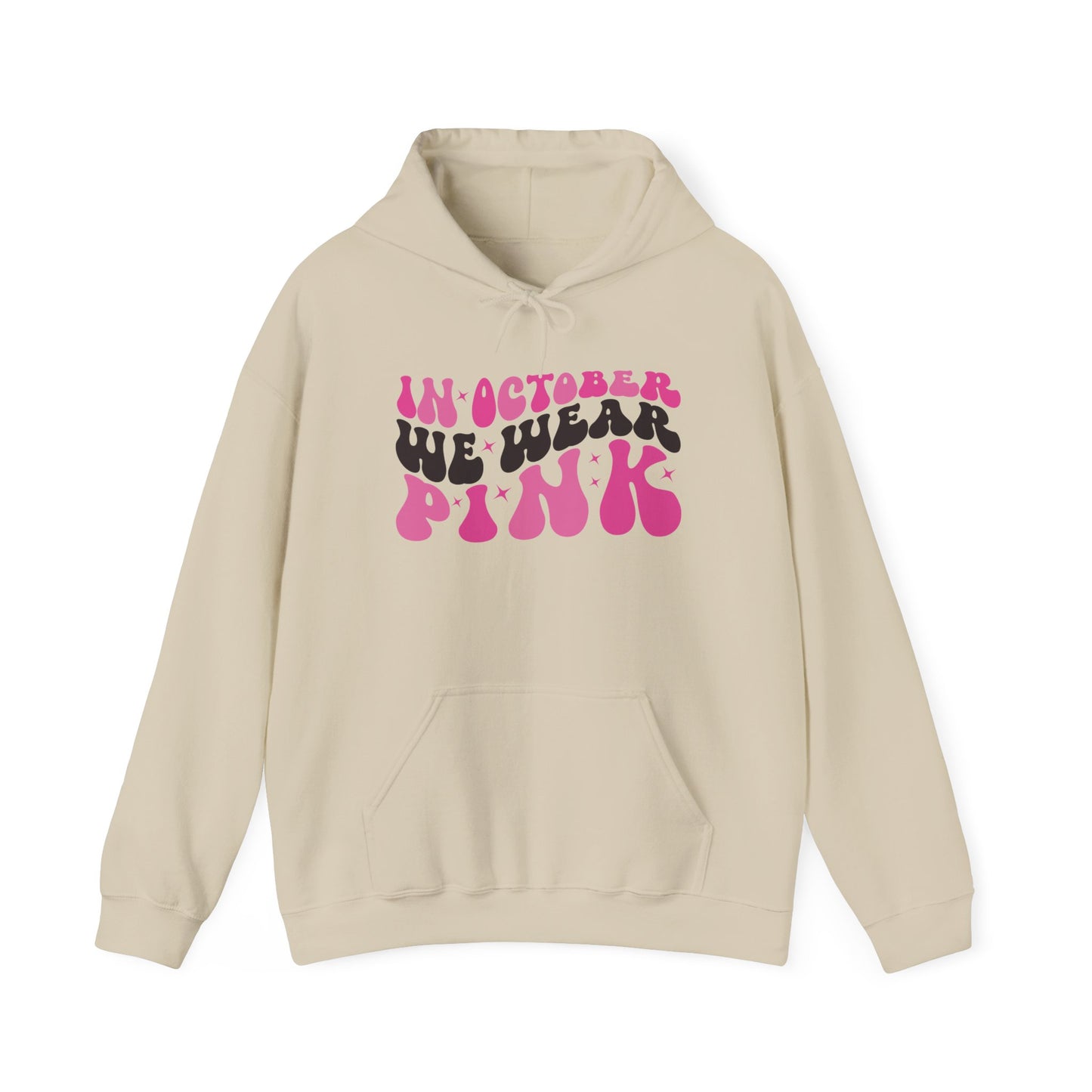Sand In October We Wear Pink retro hoodie with groovy lettering