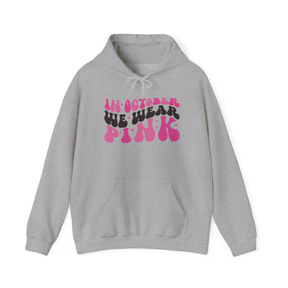 Sport grey In October We Wear Pink retro hoodie with groovy lettering