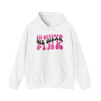 White In October We Wear Pink retro hoodie with groovy lettering