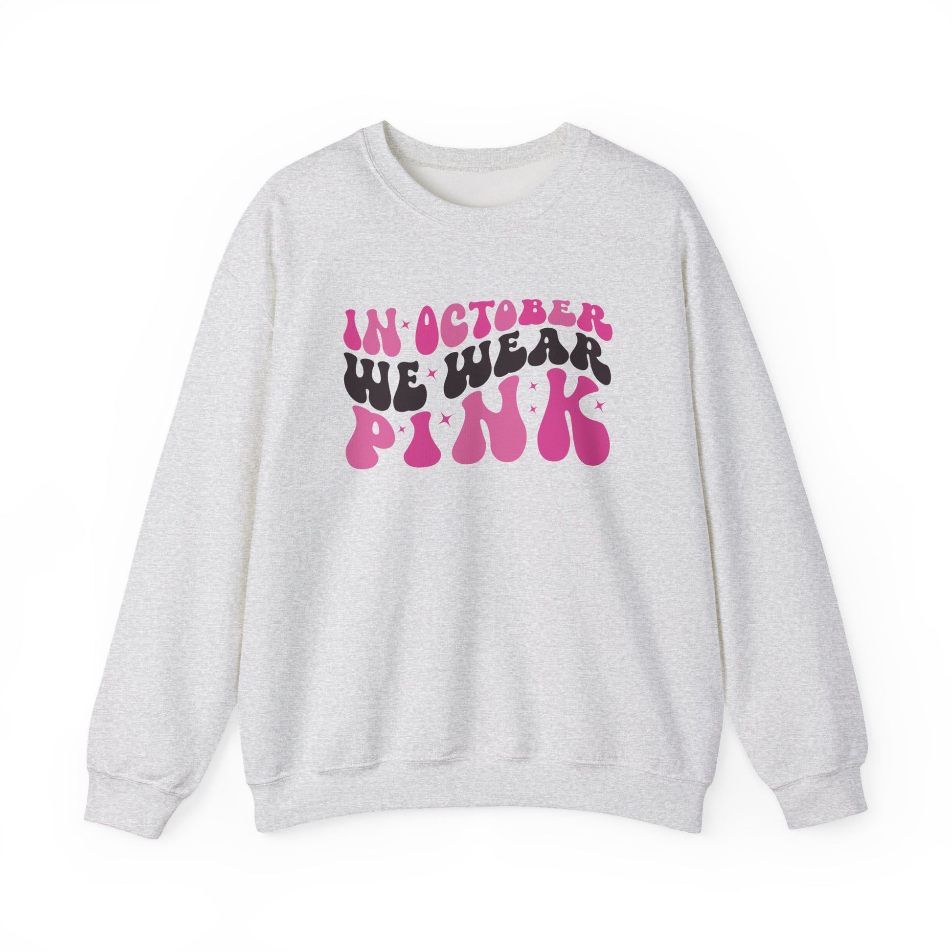 Ash grey In October We Wear Pink retro sweatshirt with groovy lettering
