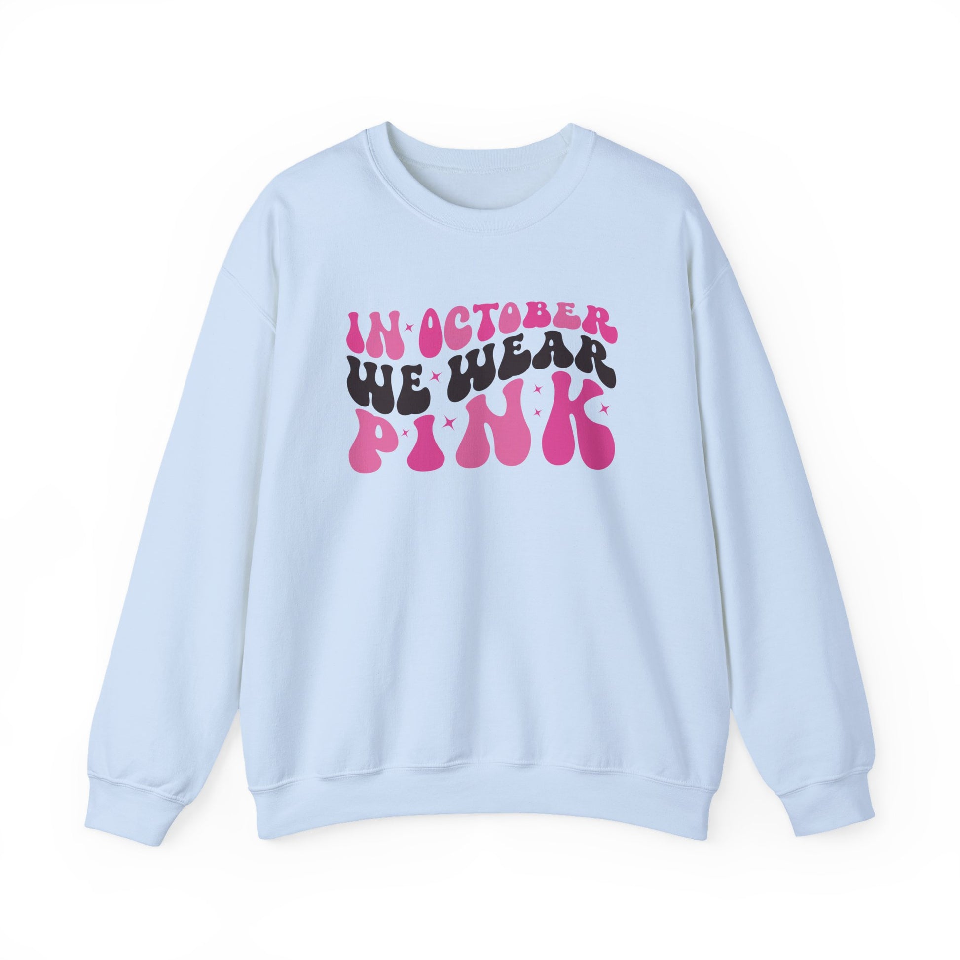 Light blue In October We Wear Pink retro sweatshirt with groovy lettering