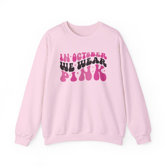 Light pink In October We Wear Pink retro sweatshirt with groovy lettering