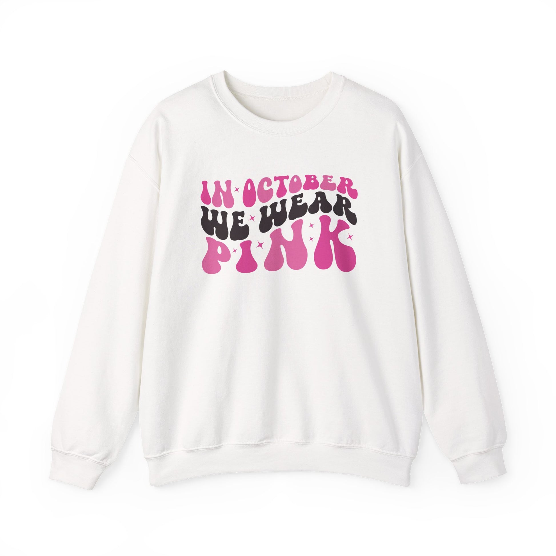 White In October We Wear Pink retro sweatshirt with groovy lettering