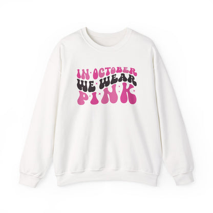 White In October We Wear Pink retro sweatshirt with groovy lettering
