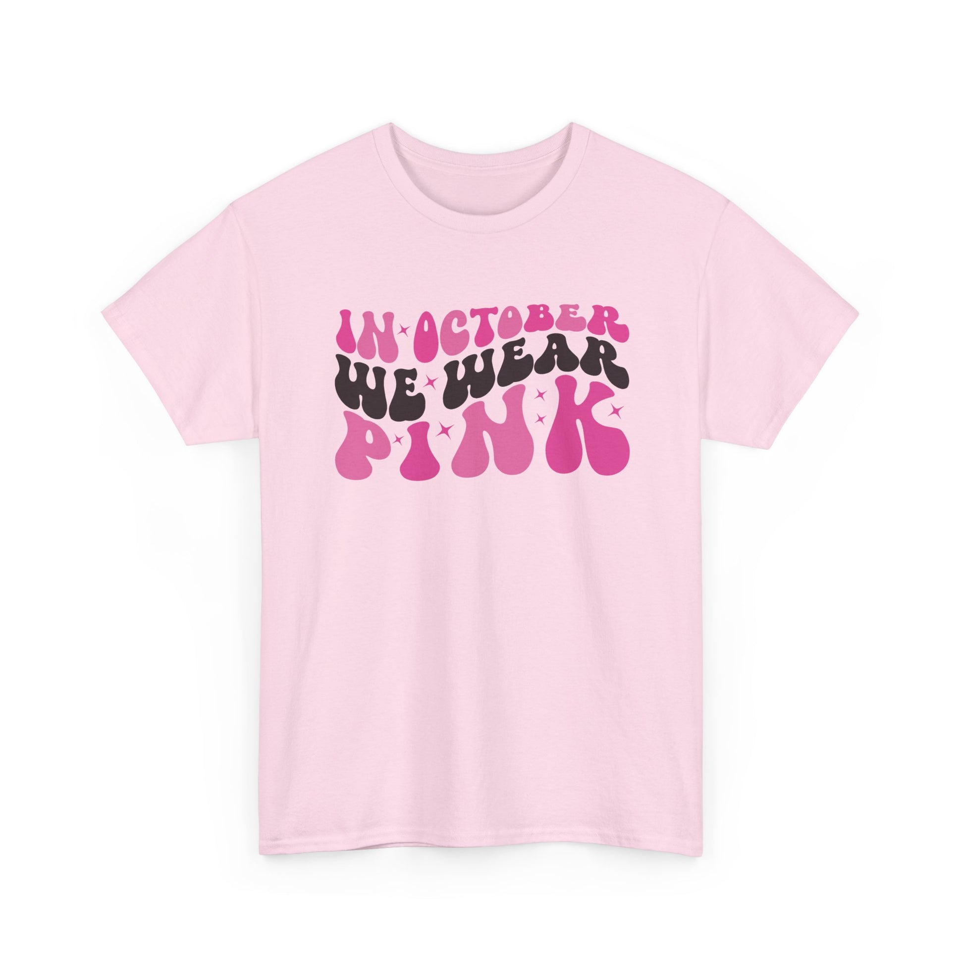 Light pink In October We Wear Pink retro t-shirt with groovy lettering