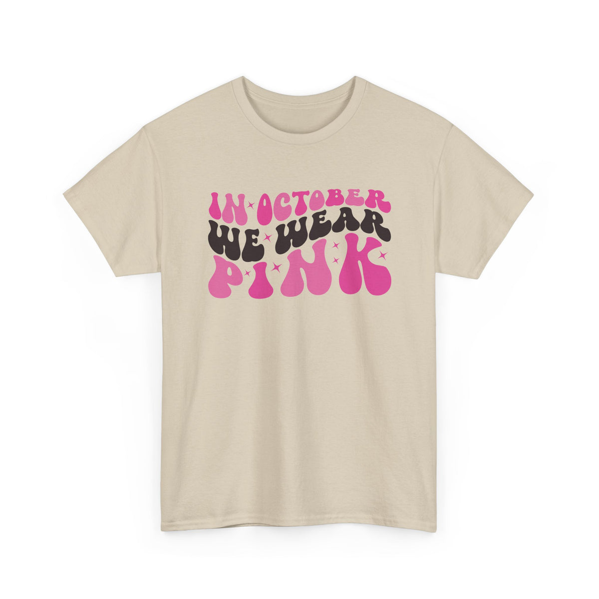 Sand In October We Wear Pink retro t-shirt with groovy lettering