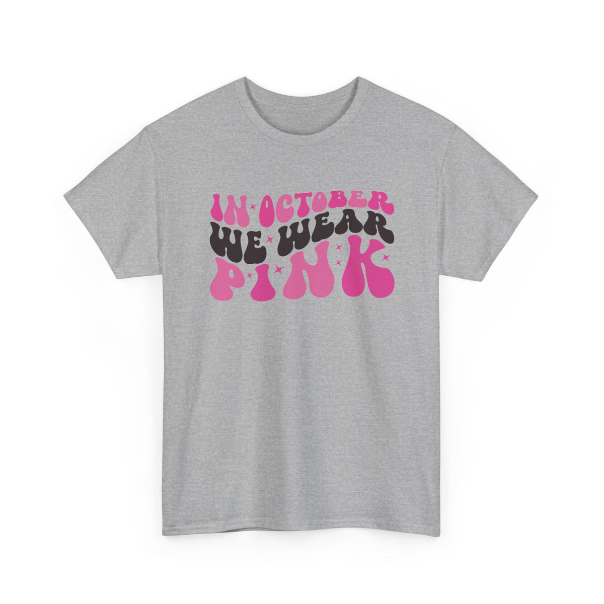 Sport grey In October We Wear Pink retro t-shirt with groovy lettering
