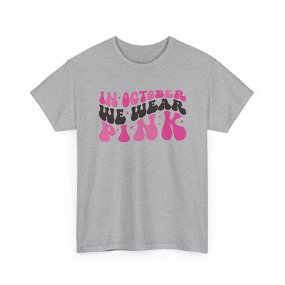 Sport grey In October We Wear Pink retro t-shirt with groovy lettering