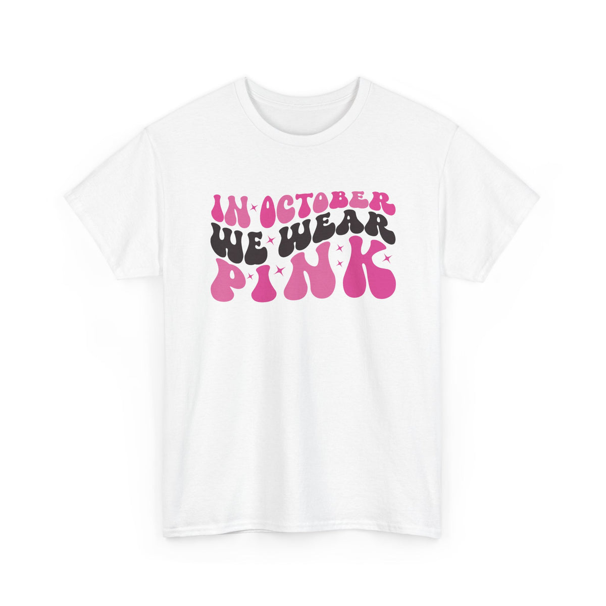 White In October We Wear Pink retro t-shirt with groovy lettering
